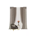 Modern Beige And White Curtains With Geometric Pattern By Armchair And Flowers