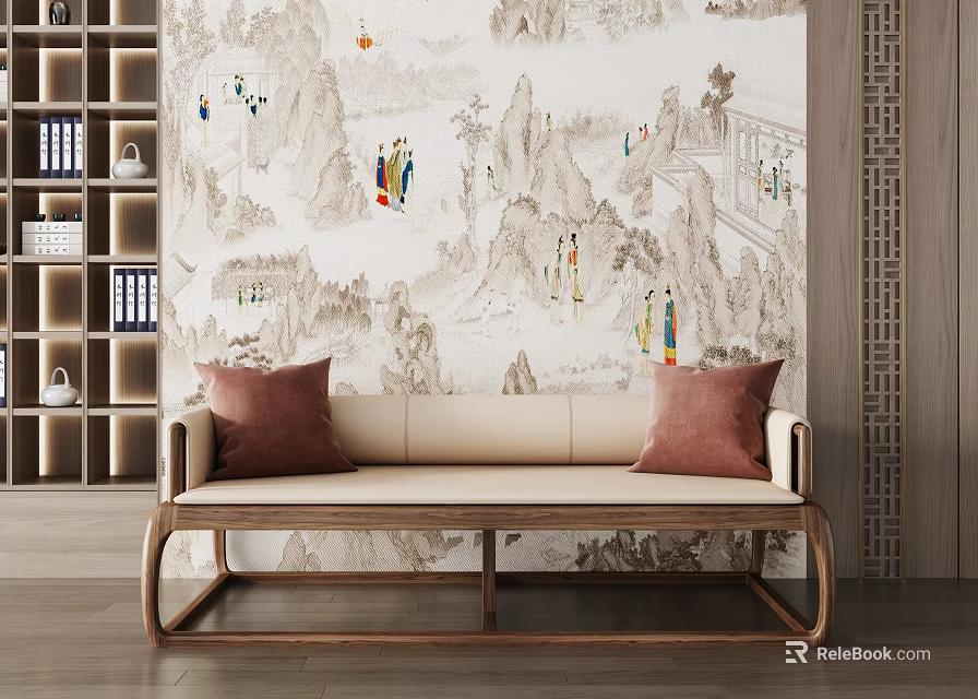 Traditional Arhat Bed With Wooden Frame And Red Cushions In Chinese Landscape Decor Room 3d model 