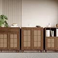 Modern Wooden Entryway Console And Side Cabinets With Lattice Doors Decorative Plants And Books