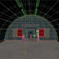 Arched Building Interior With Metal Frames Blue Walls Red Windows Green Door And Concrete Floor