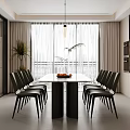 Modern Restaurant Interior With Dining Table Chairs Hanging Light Large Window And Cabinets 3d model
