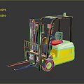 Yellow And White Industrial Forklift With Metal Forks And Driver Cab