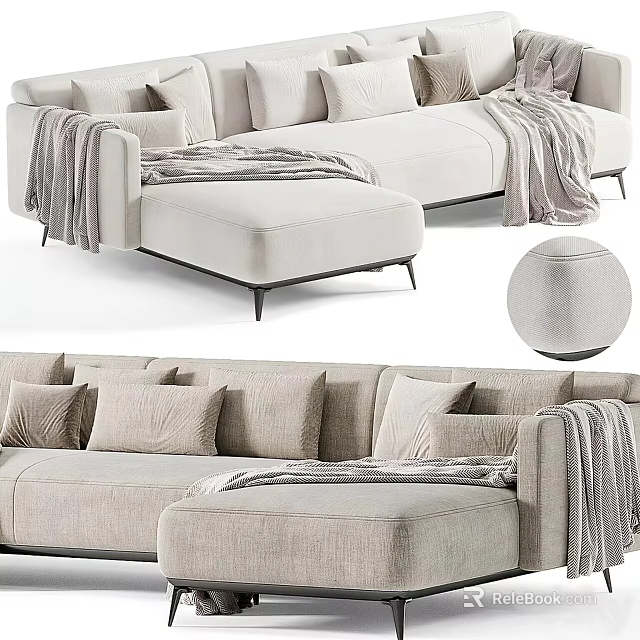 Light Colored Sectional Sofa With Multiple Cushions Throw Blanket And Ottoman 3d model 