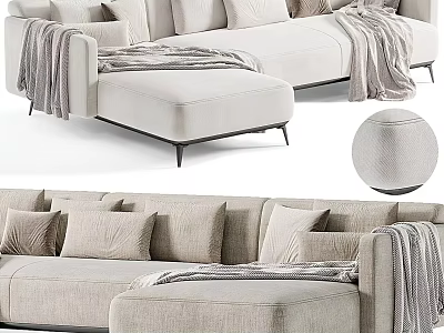 Light Colored Sectional Sofa With Multiple Cushions Throw Blanket And Ottoman 3d model