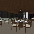 Spacious Restaurant Interior With Round Tables Chairs Table Settings Hanging Lights And Wooden Ceiling 3d model