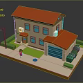 3D Model House With Red Roof Blue Garage Lawn Street Lamp Trash Bins And Figure