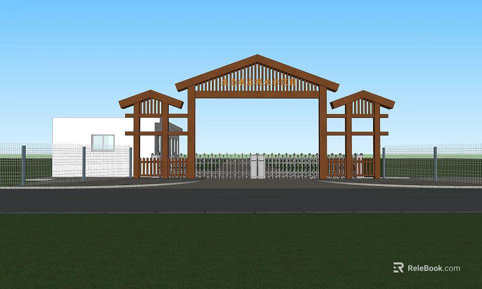Traditional Wooden Entrance Gate With Roof Structure Adjacent White Building And Fence 3d model 