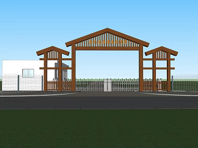 Traditional Wooden Entrance Gate With Roof Structure Adjacent White Building And Fence 3d model