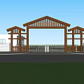 Traditional Wooden Entrance Gate With Roof Structure Adjacent White Building And Fence