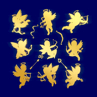 Golden Angel Sculptures With Wings Halo And Bow On Dark Blue Background 3d model