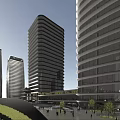 Modern Office Towers Featuring Glass Curtain Walls Curved Design Greenery Plaza And Pedestrians