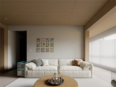 Modern Living Dining Room Interior With White Sofa Round Wooden Coffee Table And Colorful Paintings 3d model
