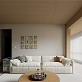 Modern Living Dining Room Interior With White Sofa Round Wooden Coffee Table And Colorful Paintings