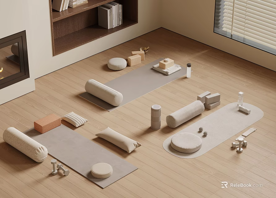 Gray Yoga Mats And Props Setup On Wooden Floor For Cozy Minimalist Space 3d model 