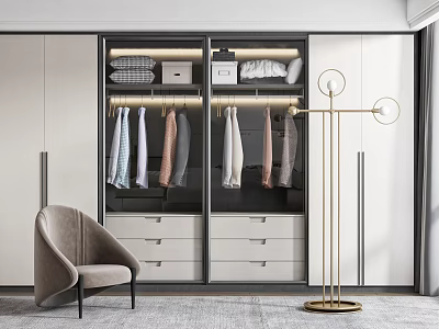 Modern Wardrobe With Sliding Doors Hanging Rods Drawers Accent Chair And Floor Lamp 3d model