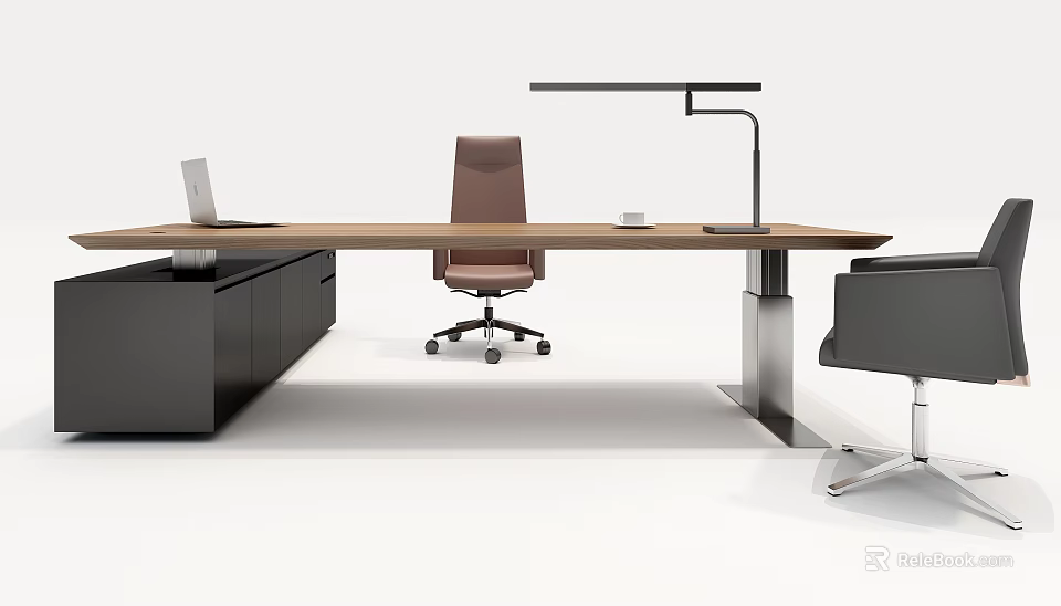 Modern Wooden Office Desk With Laptop Desk Lamp Drawer Cabinet And Ergonomic Chair 3d model 