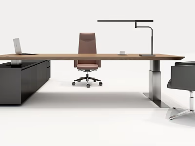 Modern Wooden Office Desk With Laptop Desk Lamp Drawer Cabinet And Ergonomic Chair 3d model