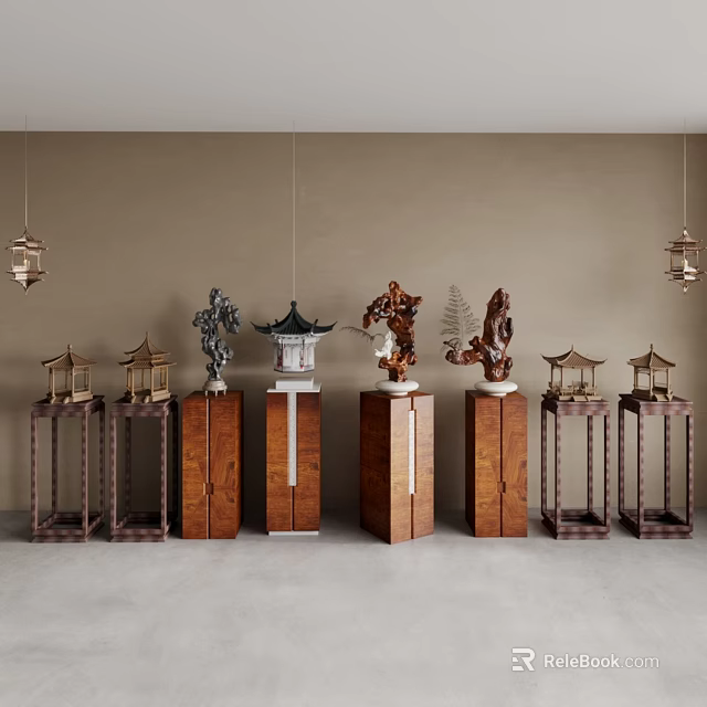 Decorative Ornament Set With Wooden Pedestals And Various Pavilion Figure Plant Sculptures Under Hanging Lanterns 3d model 
