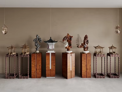 Decorative Ornament Set With Wooden Pedestals And Various Pavilion Figure Plant Sculptures Under Hanging Lanterns 3d model