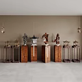 Decorative Ornament Set With Wooden Pedestals And Various Pavilion Figure Plant Sculptures Under Hanging Lanterns