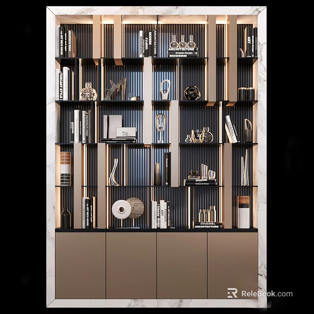 Modern Layered Bookcase with Wooden Frames Books and Decorative Sculptures 3d model 