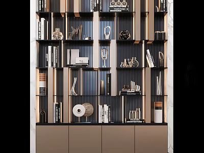 Modern Layered Bookcase with Wooden Frames Books and Decorative Sculptures 3d model