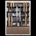 Modern Layered Bookcase with Wooden Frames Books and Decorative Sculptures