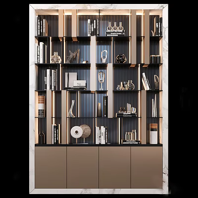 Modern Layered Bookcase with Wooden Frames Books and Decorative Sculptures 3d model