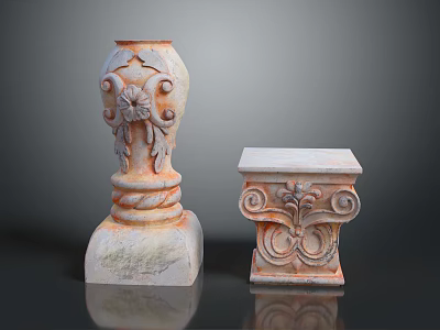 Decorative Stone Pillars With Intricate Carved Floral And Scroll Designs On Black Reflective Surface 3d model