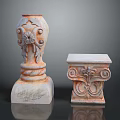 Decorative Stone Pillars With Intricate Carved Floral And Scroll Designs On Black Reflective Surface