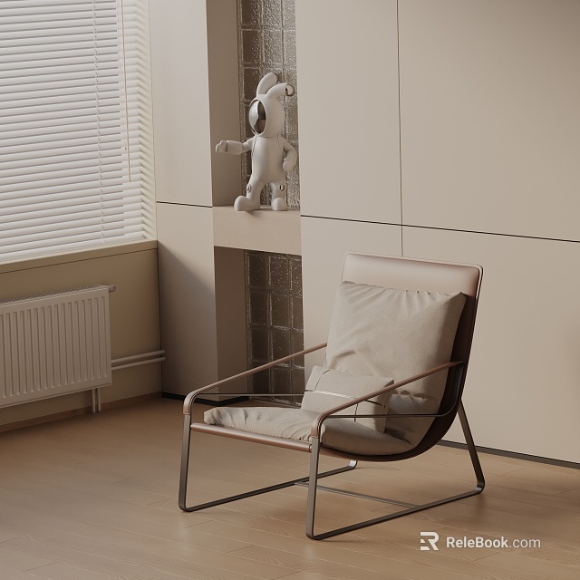 Modern Leisure Chair With Metal Legs Near Light Cabinets Window Blinds And White Stuffed Toy 3d model 