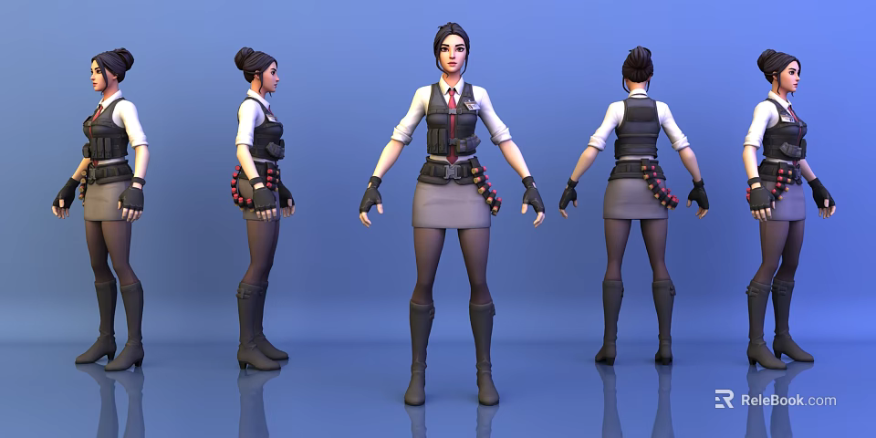 Woman in Tactical Vest and Short Skirt With Long Boots Gloves and Multiple Angles View 3d model 