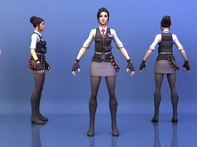 Woman in Tactical Vest and Short Skirt With Long Boots Gloves and Multiple Angles View 3d model