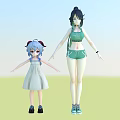 Woman In Green Sportswear Standing With Little Girl In Light Blue Dress On Grassland