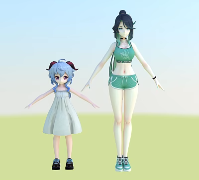 Woman In Green Sportswear Standing With Little Girl In Light Blue Dress On Grassland 3d model