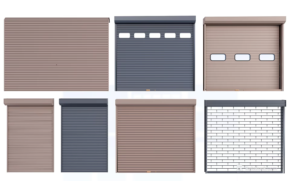 Modern Roller Shutters With Striped Window Panels Grid Pattern And Different Colors Brown Dark Blue 3d model 
