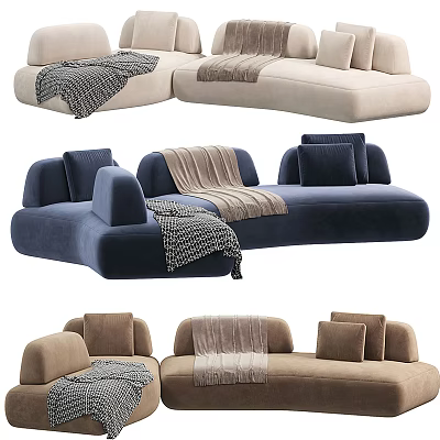 Modern Sectional Sofas In Beige Blue Brown With Throw Blanket And Decorative Cushions 3d model