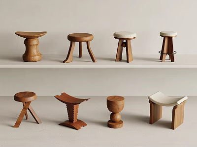 Various Wooden Stools In Different Designs And Shapes For Interior Decor 3d model