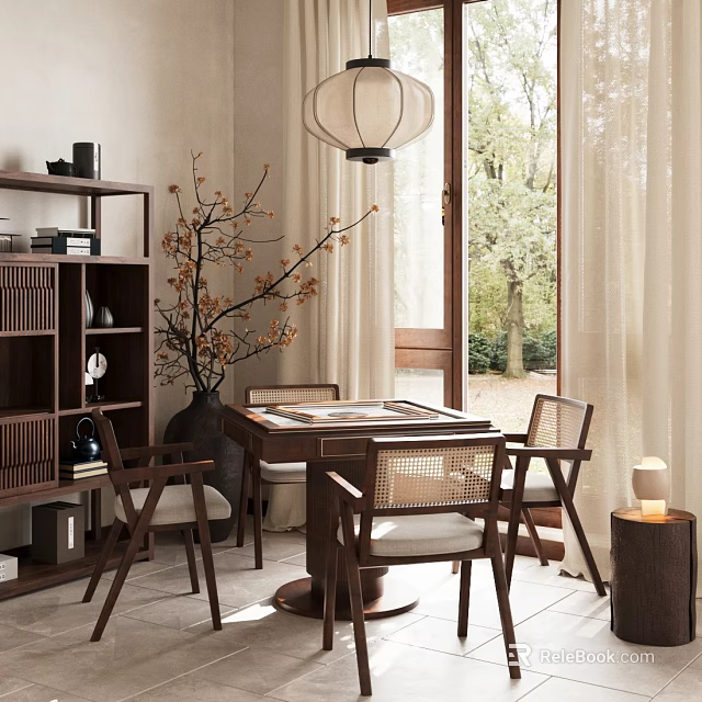 Modern Entertainment Room with Wooden Bookshelf Lantern Pendant Light Natural Light Table and Chairs 3d model 