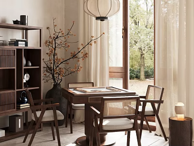 Modern Entertainment Room with Wooden Bookshelf Lantern Pendant Light Natural Light Table and Chairs 3d model