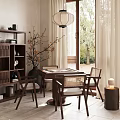 Modern Entertainment Room with Wooden Bookshelf Lantern Pendant Light Natural Light Table and Chairs
