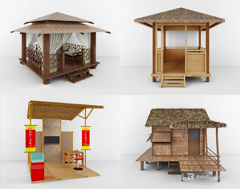 Traditional Outdoor Bamboo Huts With Thatched Roof And Wooden Structure Design 3d model 