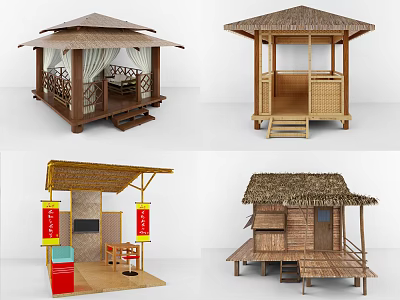 Traditional Outdoor Bamboo Huts With Thatched Roof And Wooden Structure Design 3d model