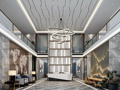 Modern Luxury Hotel Lobby Interior With Chandelier Reception Desk And Marble Accents 3d model