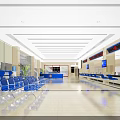 Modern Service Hall Interior With Blue Waiting Chairs Service Counters And Digital Screens