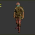 Bearded Military Soldier In Yellow Helmet And Khaki Uniform With Backpack Puttees And Boots