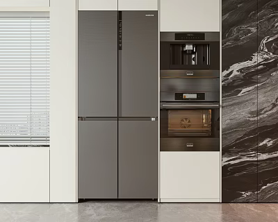 Modern Kitchen Interior With Sleek Grey Double Door Refrigerator And Built-in Appliances 3d model