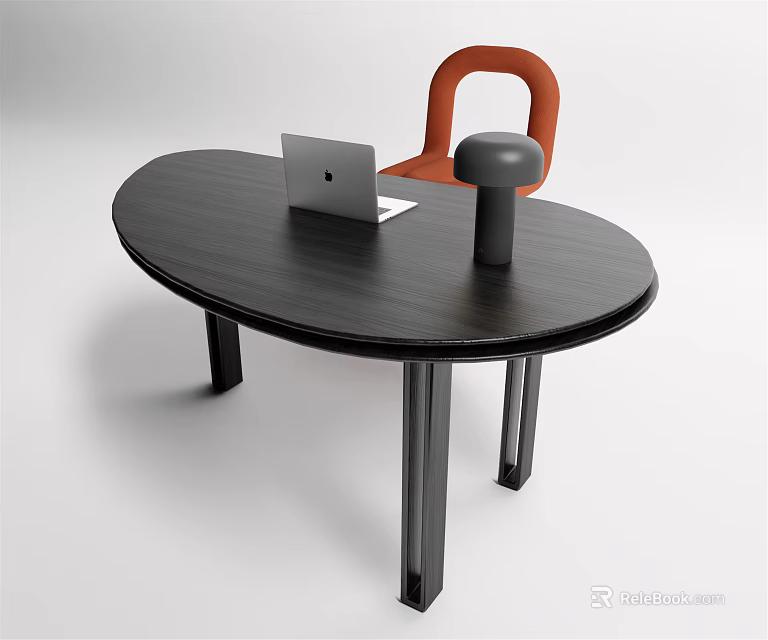 Modern Black Oval Desk With Laptop Table Lamp And Orange Chair 3d model 