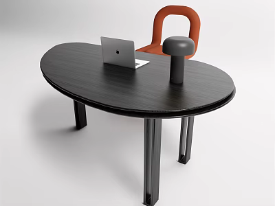 Modern Black Oval Desk With Laptop Table Lamp And Orange Chair 3d model