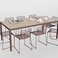 Rectangular Wooden Dining Table Set With Metal Mesh Chairs And Tabletop Items 3d model